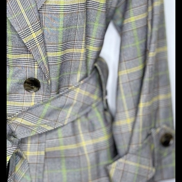 Vintage Kasper Women’s Plaid Pea Coat 16 Gray Yellow Green Belted Long Sleeves - Picture 3 of 11